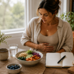 Women experiencing bloating and abdominal discomfort after eating.
