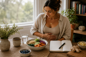 Women experiencing bloating and abdominal discomfort after eating.